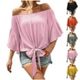 thumbnail image 7 of Tie Front Tops Womens Off The Shoulder Going Out Blouses Flared Sleeves Summer Travel Fashion Vacation Outfits (S, Yellow), 7 of 7