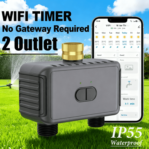 INSOMA 2 ZONE Smart WiFi Watering Timer, with APP Control, Rain Delay, IP55 Waterproof Sprinkler Timer for Lawn, Garden, Greenhouse, 3/4" Faucet