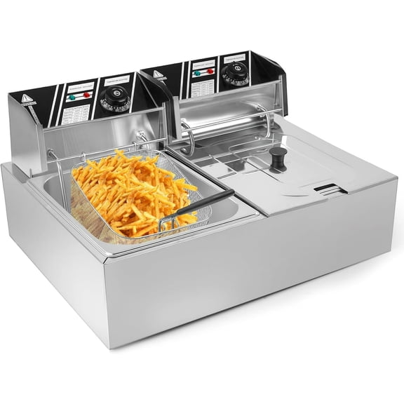Commercial Double Basket Stainless Steel Electric Deep Fryer - 5000W, 12L Dual Tank