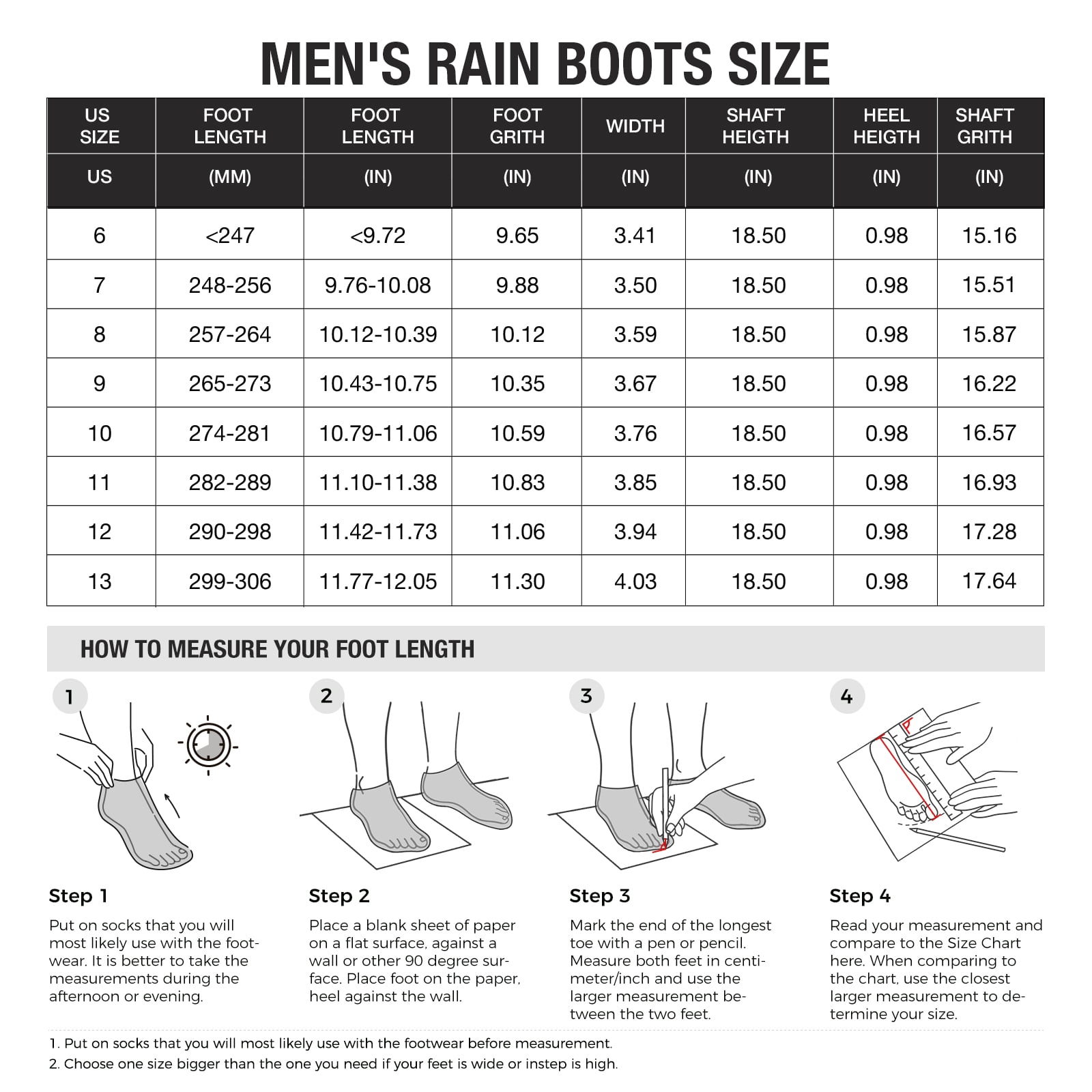 HISEA Men’s Rubber Rain Boots with Adjustable Closure for Men, Black, US Size 9