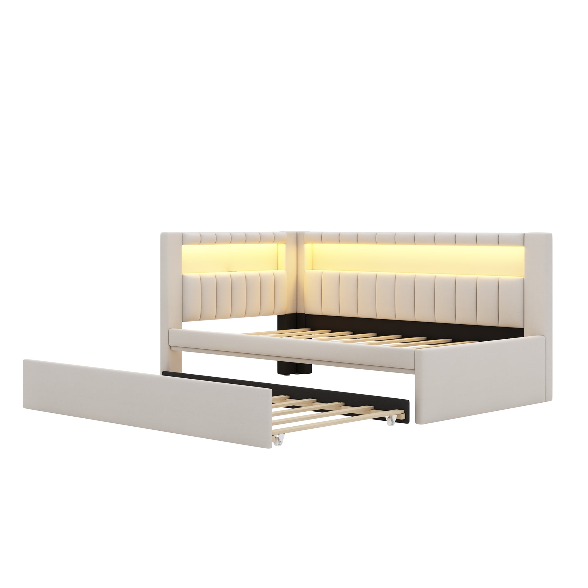 Euroco Upholstered Twin Size Daybed with Trundle, USB Charging Station and LED Light, White