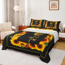 Manfei Vibrant Rustic Sunflower Queen Sheet Sets for Teens, Autumn Happy Harvest Flat Sheet, Black Orange Queen Fitted Sheet, Lightweight Room Decor, 4pcs