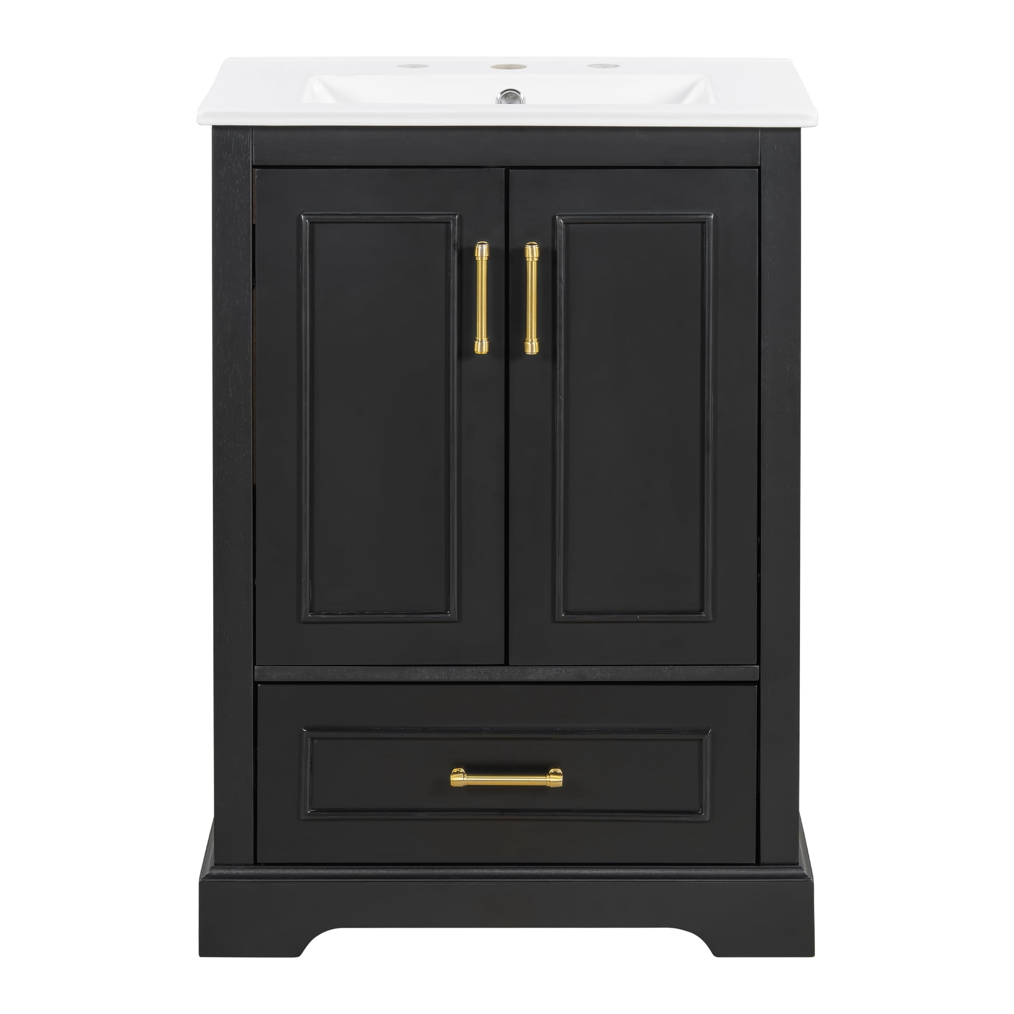 viswild 24" Bathroom Vanity with Sink, Freestanding Cabinet with Divided Drawer & Soft Close Doors, Door Storage Racks, Solid Wood Frame, Black