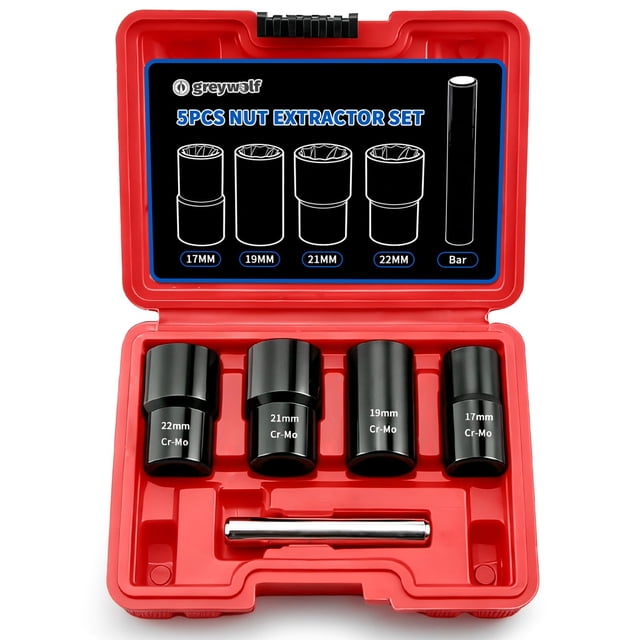 Greywolf 5 pcs Wheel Nut Removal Tool Set, 1/2 Inch Impact Torque Socket Set and Bolt Extractor Set, Wheel Lock Removal Kit, Torque Socket