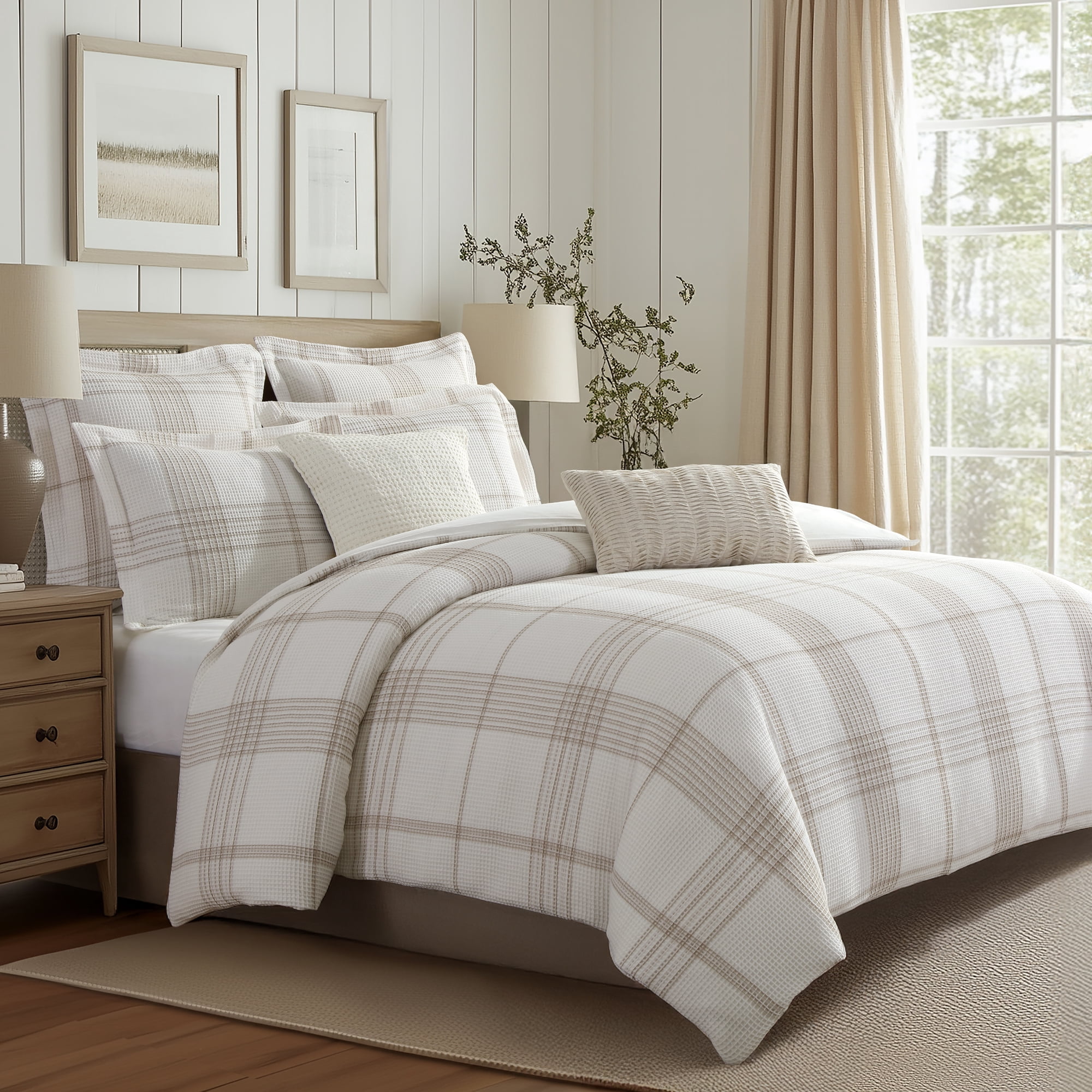 Levtex Home - Waffle Plaid Duvet Cover Set - Full/Queen Duvet (90x94in.) and 2 Standard Shams (20x26in) - Plaid Waffle - Cream/Taupe - Reversible - Cotton