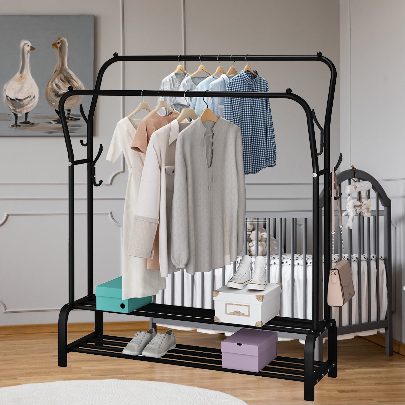 2 Tier Clothes Rack,Double rod Rail Garment Rack,Metal Freestanding