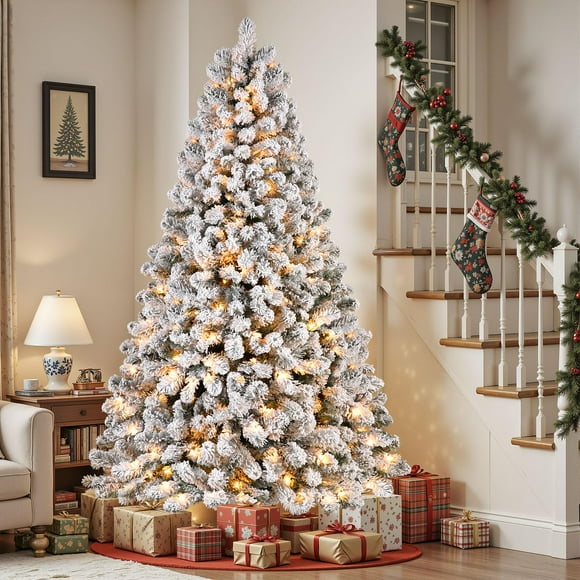Alupssuc Arbre de Noël Artificiel Enneigé de 9 Pi Prééclairé avec 560 Lumières Blanc Chaud, 1840 Extrémités de Branches Entièrement Enneigées