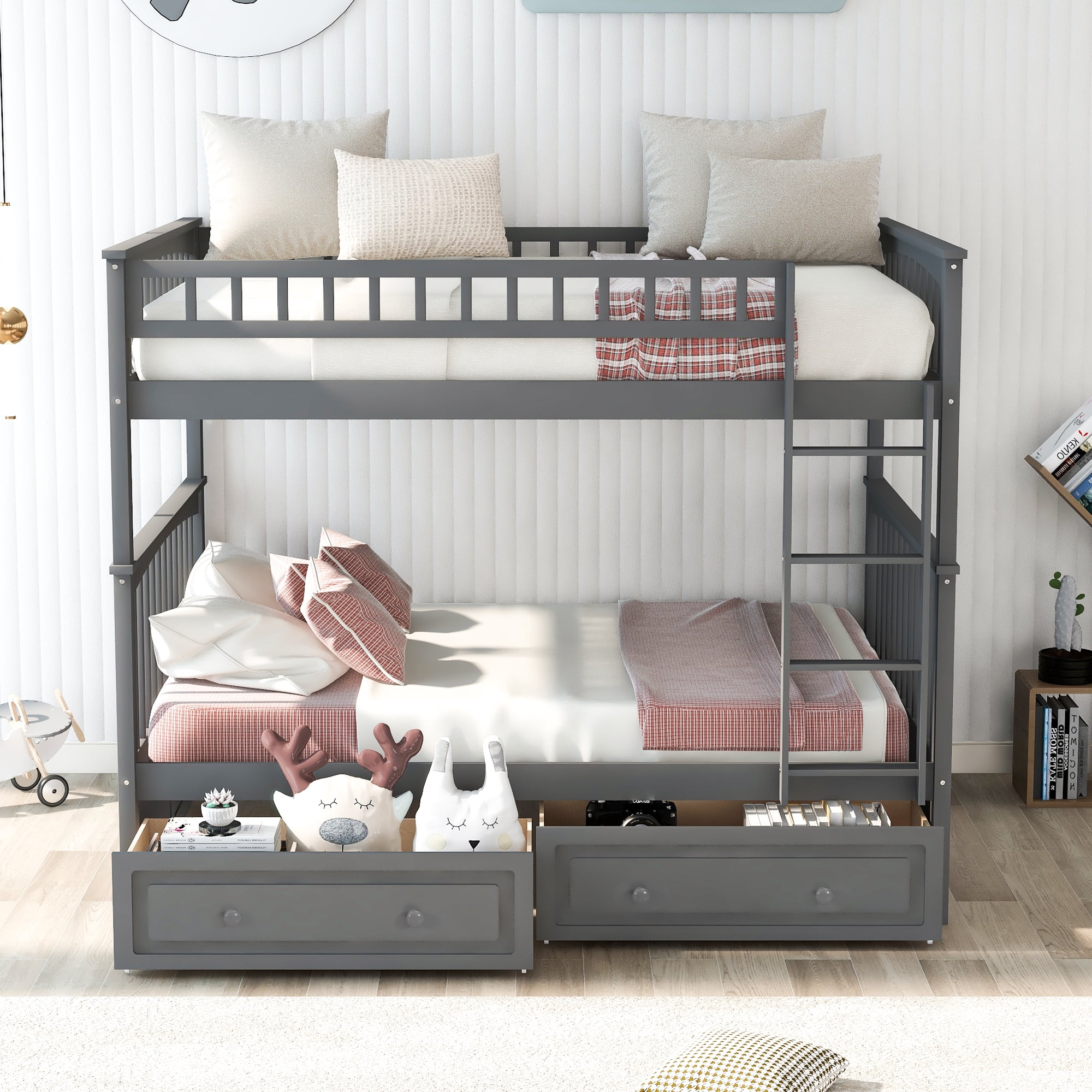 Bunk Bed with Storage Drawers, Wood Storage Bunk Bed Frame, Solid Wood ...