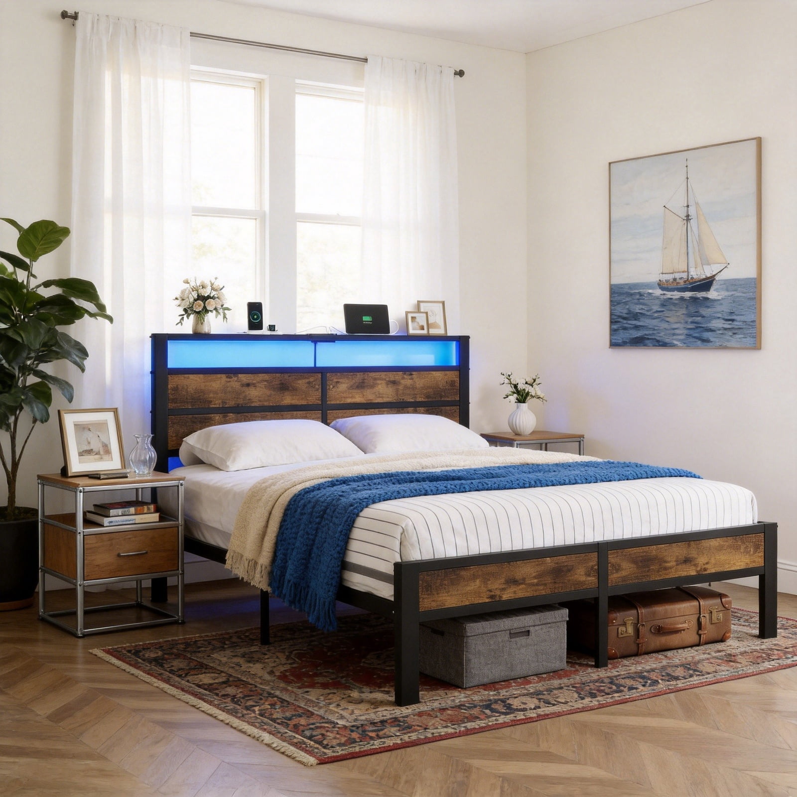 Kbun Queen Size Bed Frame with Headboard, LED Lights & Charging Station, No Box Spring Needed, Noise-Free, Easy Assembly