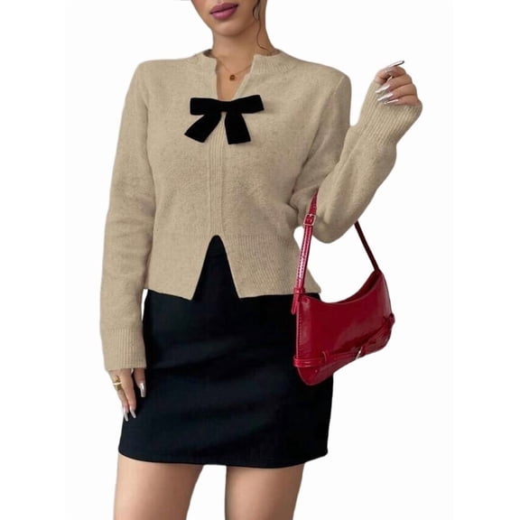 Women'S Spotted Long Sleeved V-Neck Pullover Sweater with Bow- Details, Casual and Elegant Outdoor Wear Khaki S