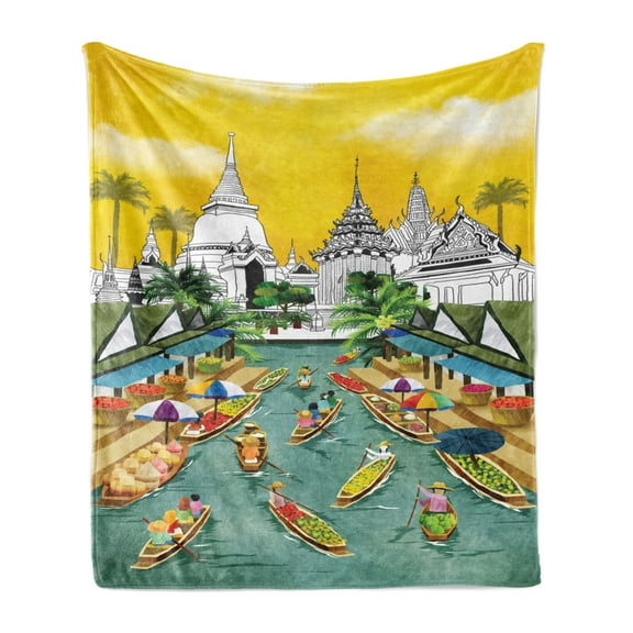 Travel Soft Flannel Fleece Throw Blanket, Vertical Illustration of a Historic Monument and People Cruising Touristic, Cozy Plush for Indoor and Outdoor Use, 50" x 60", Multicolor, by Ambesonne