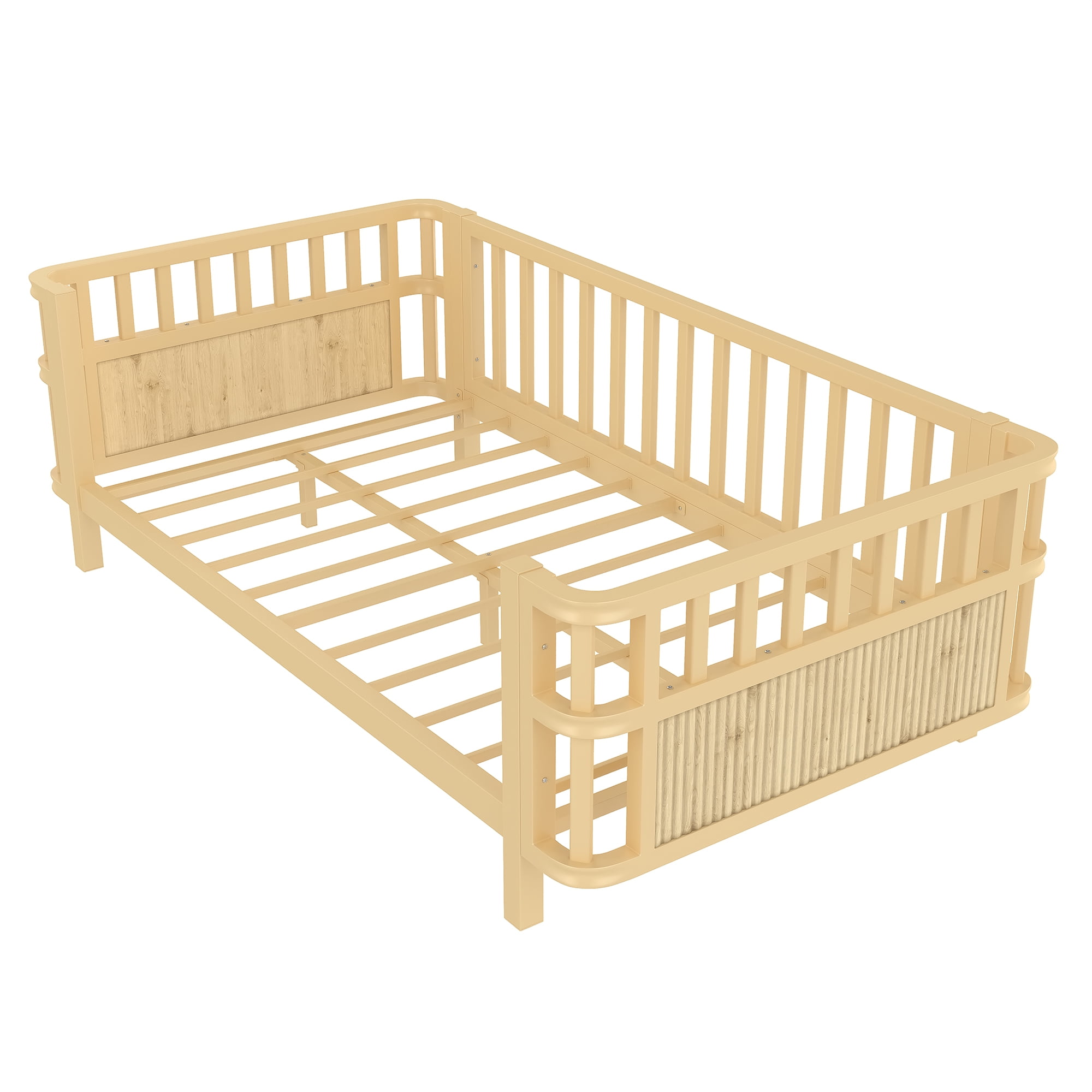 Miniyam Kids Twin Fence Bed with Safety Rails, Low Profile Platform Bed for Children, Sturdy Slatted Support, Natural
