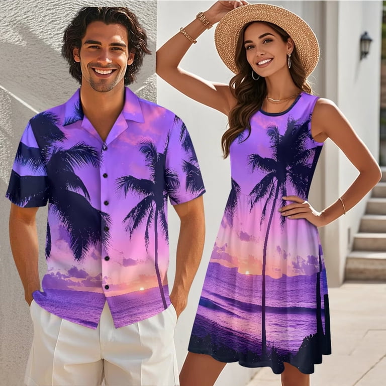 Yuyamidu Couples Vacation Outfits Matching Sets Palm Tree Dress for Women Luau Party Shirts for Men Casual Tiered Sleeveless Pleated Flowy Sundress Matching Tropical Outfits for Couples Size 3XL