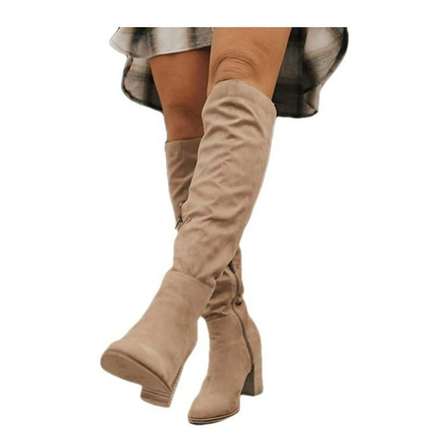Xingzhi Bottes Hauteur Genou Résistantes à l'Usure pour Femmes, Bout Pointu Uni, Chaussures Hautes Rétro Vintage, Talons Hauts, Femme, Automne, Bottes Longues, Kaki 41