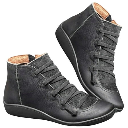 

Dezsed Women s Low-heeled Ankle Boots Clearance Women Casual Flat Leather Retro Lace-Up Boots Side Zipper Plus Shoe Boots Gray