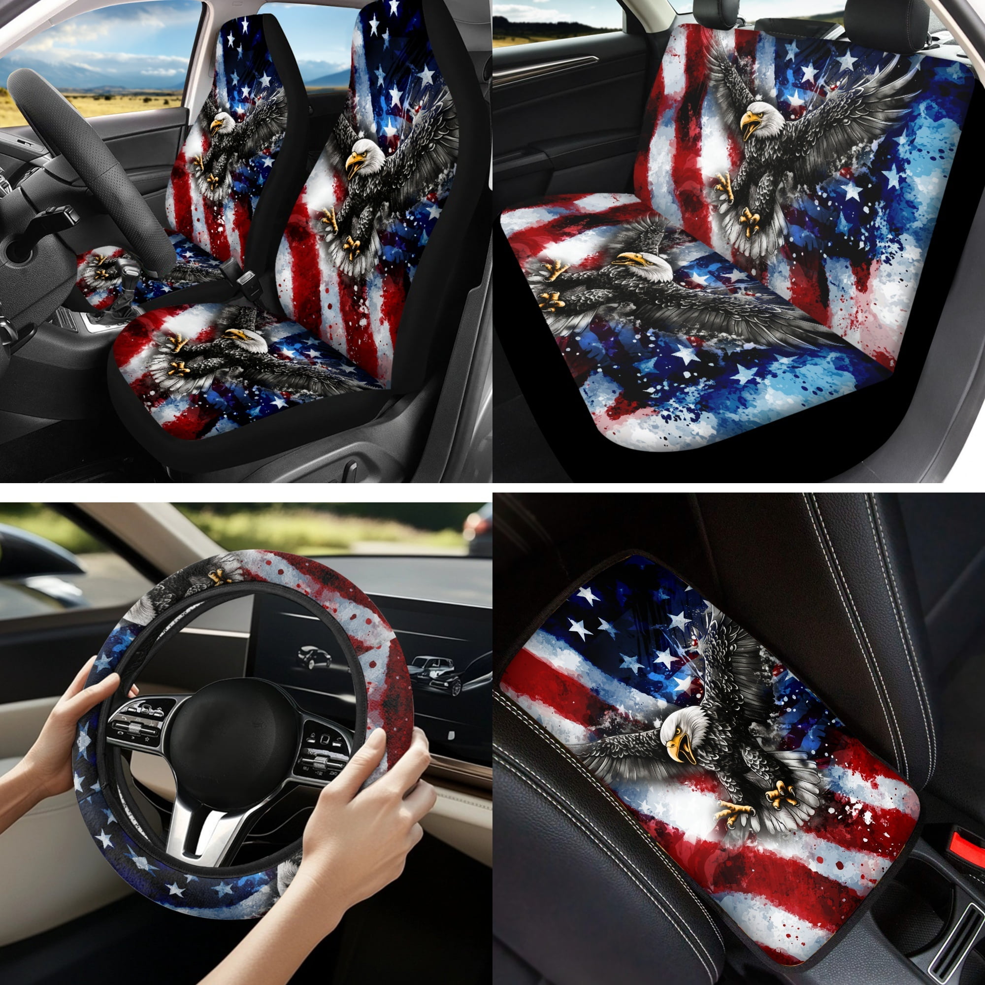 Jeiento Eagle Car Seat Covers Full Set Auto Interior Accessories 13 Pcs American Flag Car Accessories with Steering Wheel Cover, Seat Belt Pads, Armrest Cover, Keychains, Lipstick Holder