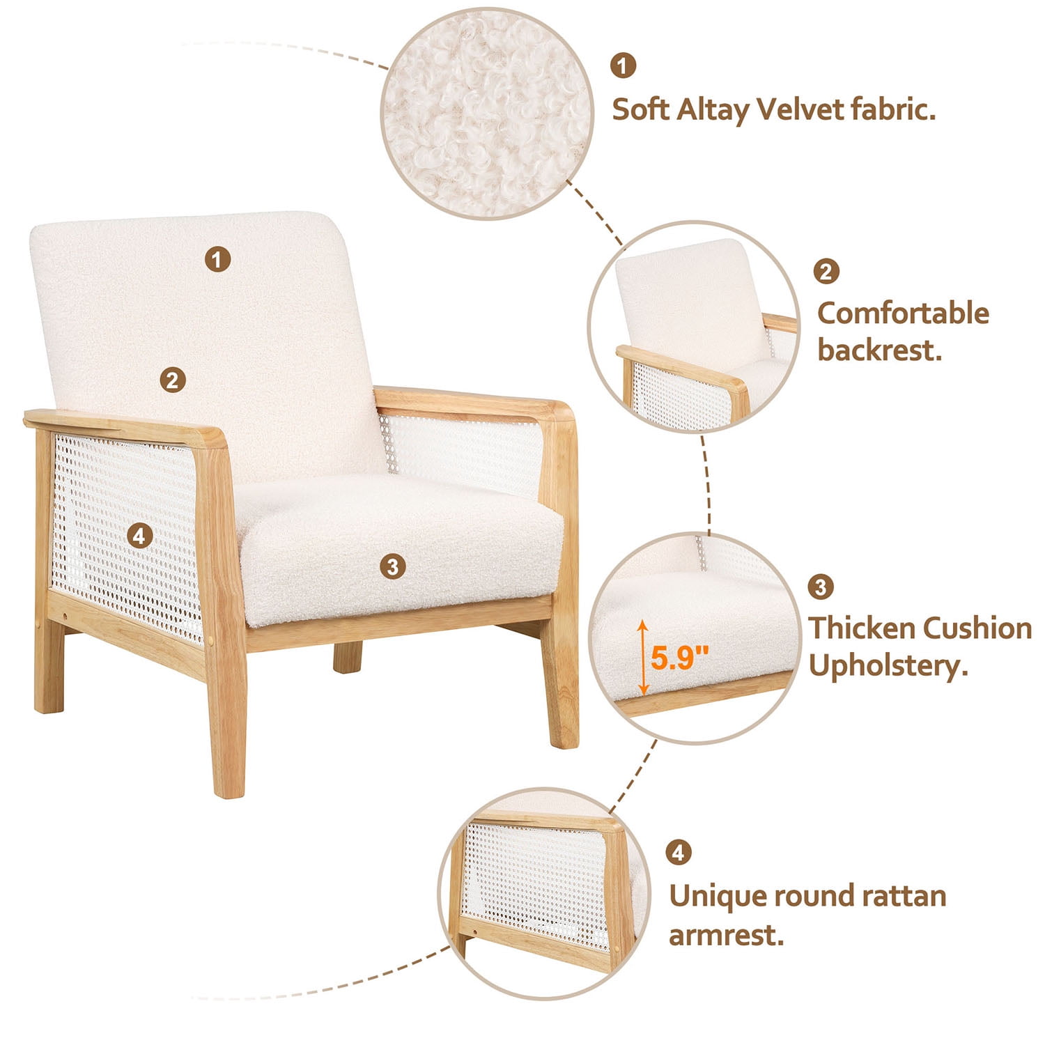 Kadyn Rattan Mesh Upholstered Accent Chair, Mid-Century Armchair for Living Room, Altay Velvet Armchair with Solid Wood Frame, White Kadyn Rattan Mesh Upholstered Accent Chair, Mid-Century Armchair for Living Room, Altay Velvet Armchair with Solid Wood Frame, White