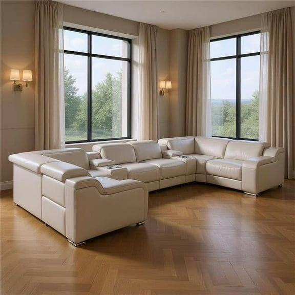 HomeRoots 632566 Light Gray Italian Leather Power Reclining U Shaped 8 Piece Corner Sectional with Console