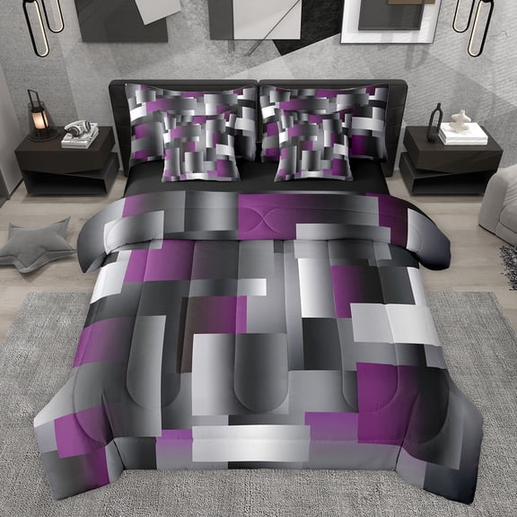 Feelyou Grey Purple Square Twin Bedding Sets 7-Piece, Retro Abstract Bedding Comforter Set