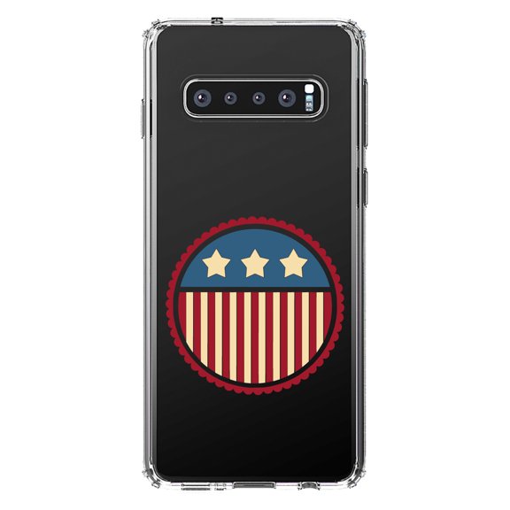 DistinctInk Clear Shockproof Hybrid Case for Samsung Galaxy S10  PLUS (6.4" Screen) - TPU Bumper Acrylic Back Tempered Glass Screen Protector - USA Seal Flag Red White & Blue