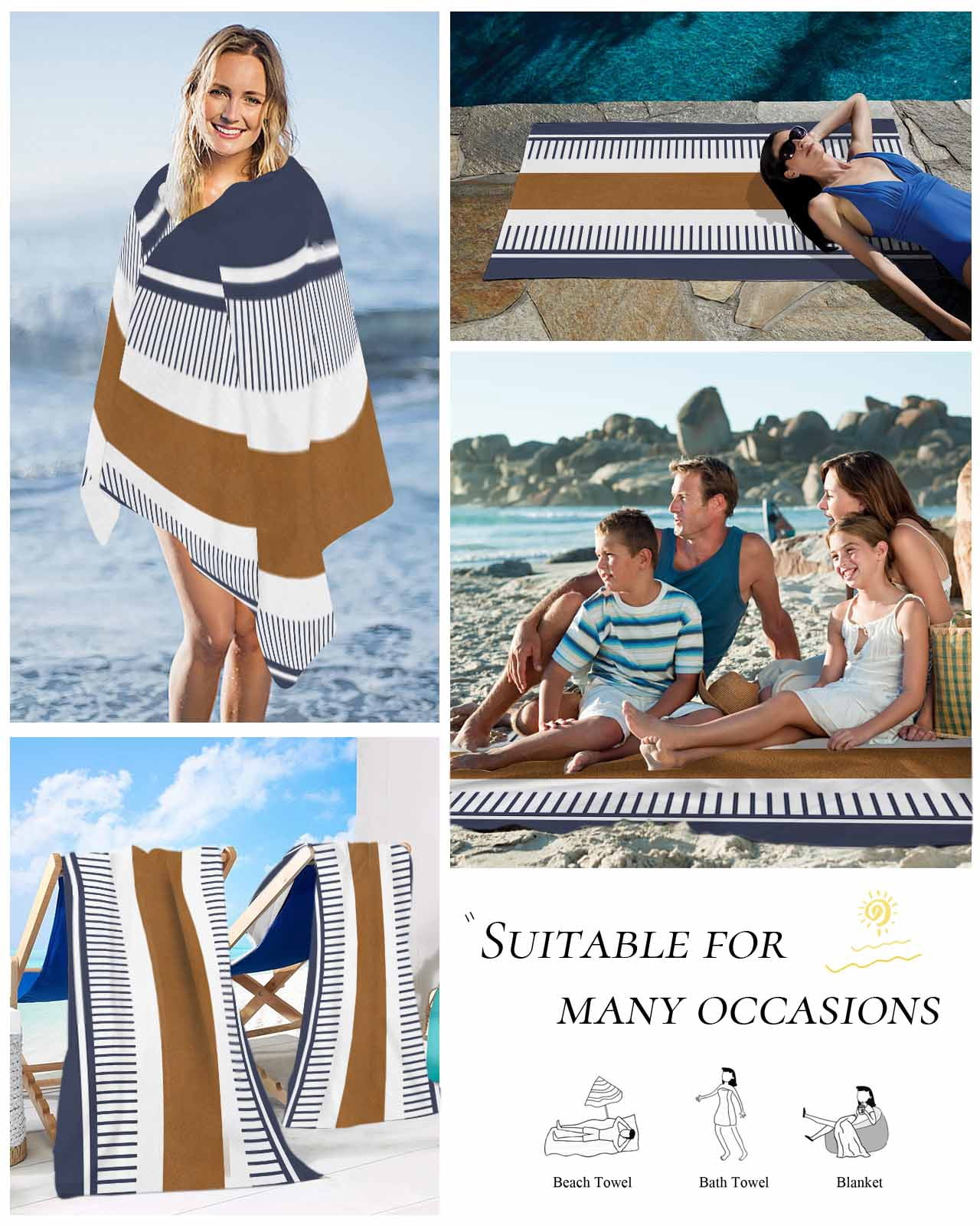Modern Brown Blue Beach Towels Oversized Super Absorbent, Boho Contemporary Geometric Striped Lightweight Bath Towel Quick Dry Sets For Bathroom/Pool/Rv Camping/Beach Play/Gym Room/Picnic 31"x62"