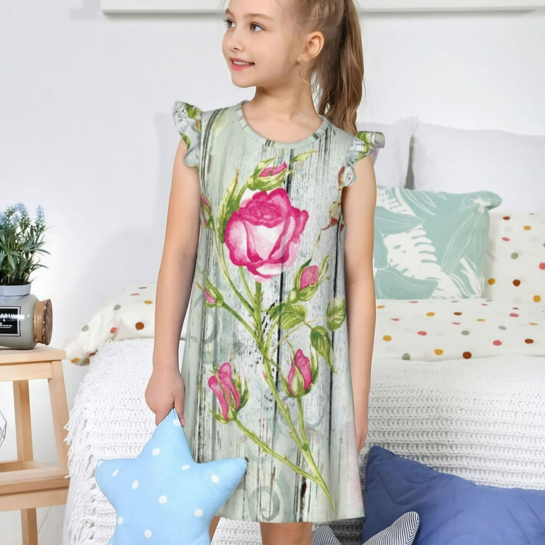 Fuzoiu Vintage Wood Background with Floral Print Girls' Nightgowns