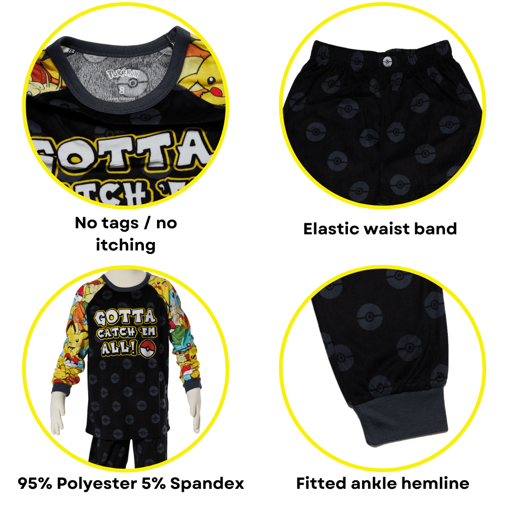 Pokemon Boys Pajamas Long Sleeve Pikachu Kids Sleepwear 2 Piece Set