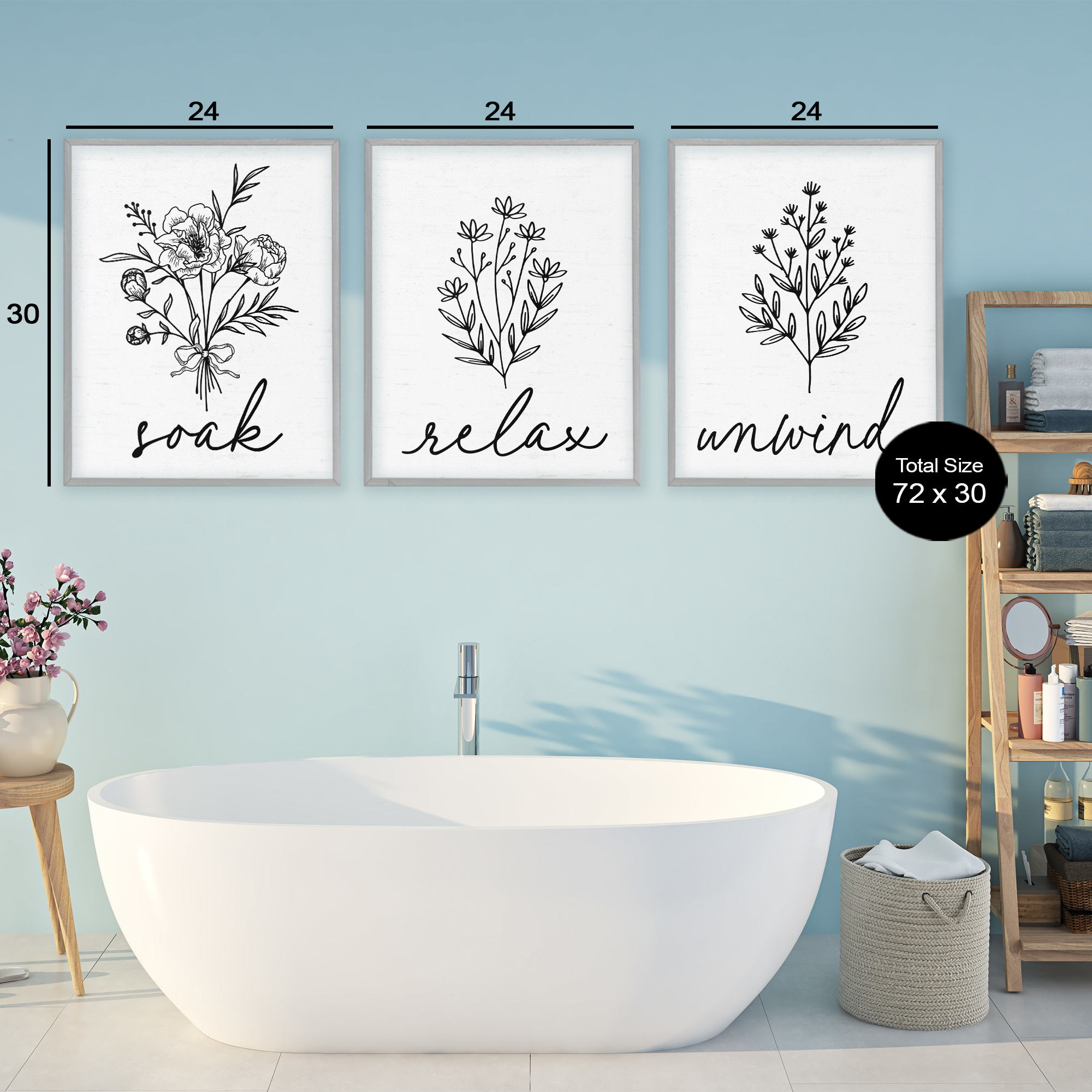 Bathroom Herbs for Relaxation 3 Piece Gray Framed Giclee Art Set, design by Lettered and Lined