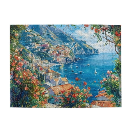 500 PCS Seaside Flower Town jigsaw Wooden puzzle 500 pieces Challenging Brain Exercise Oil Painting Style Retro Seaside Flower Town Puzzle Stunning Artwork of Adults Gift for Puzzle & Flower Lovers