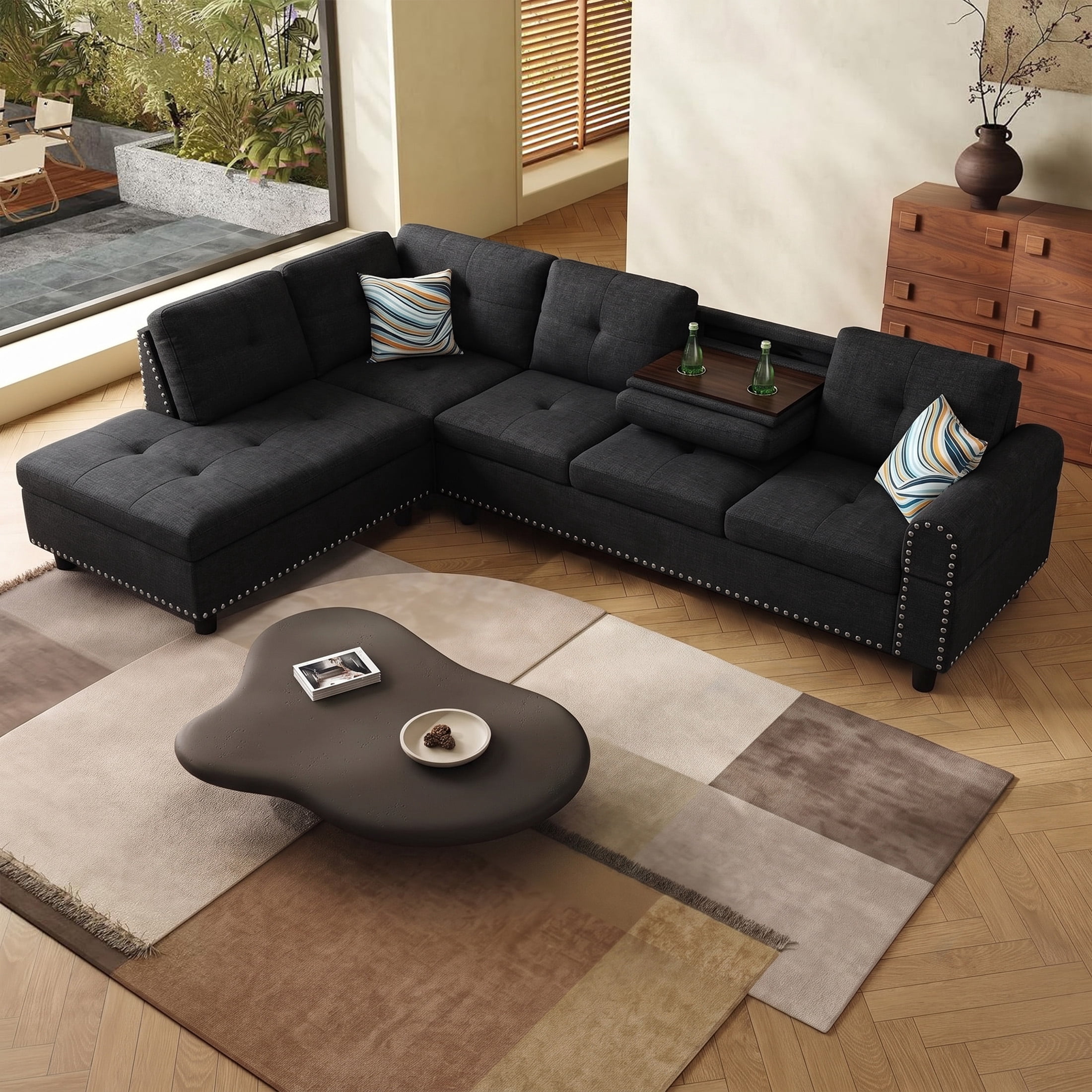 AENKYO 98" L-Shaped Sectional Sofa with Reversible Chaise and Cup Holders, Linen, Black Gray