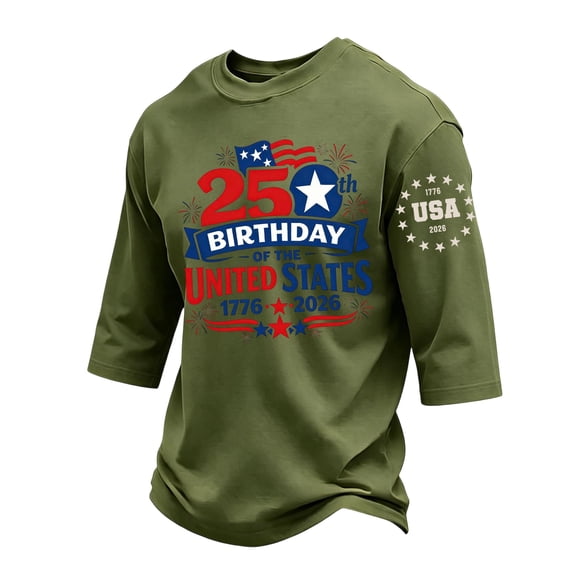 GrmtClth American Flag Shirt for Men Patriotic 1776-2026 Top Summer 3/4 Sleeve T-Shirt Trendy Comfortable Round Neck Wear Army Green L