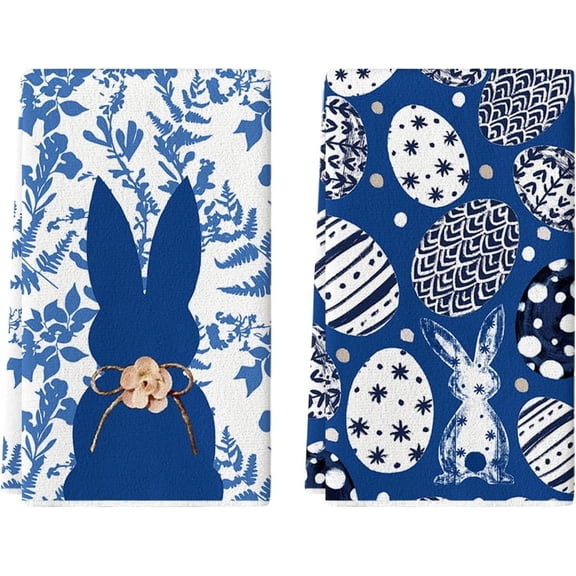 Blue Bunny Eggs Flower Easter Kitchen Towels Dish Towels, 16x24 Inch Spring Farmhouse Leaves Decoration Hand Towels Set of 2