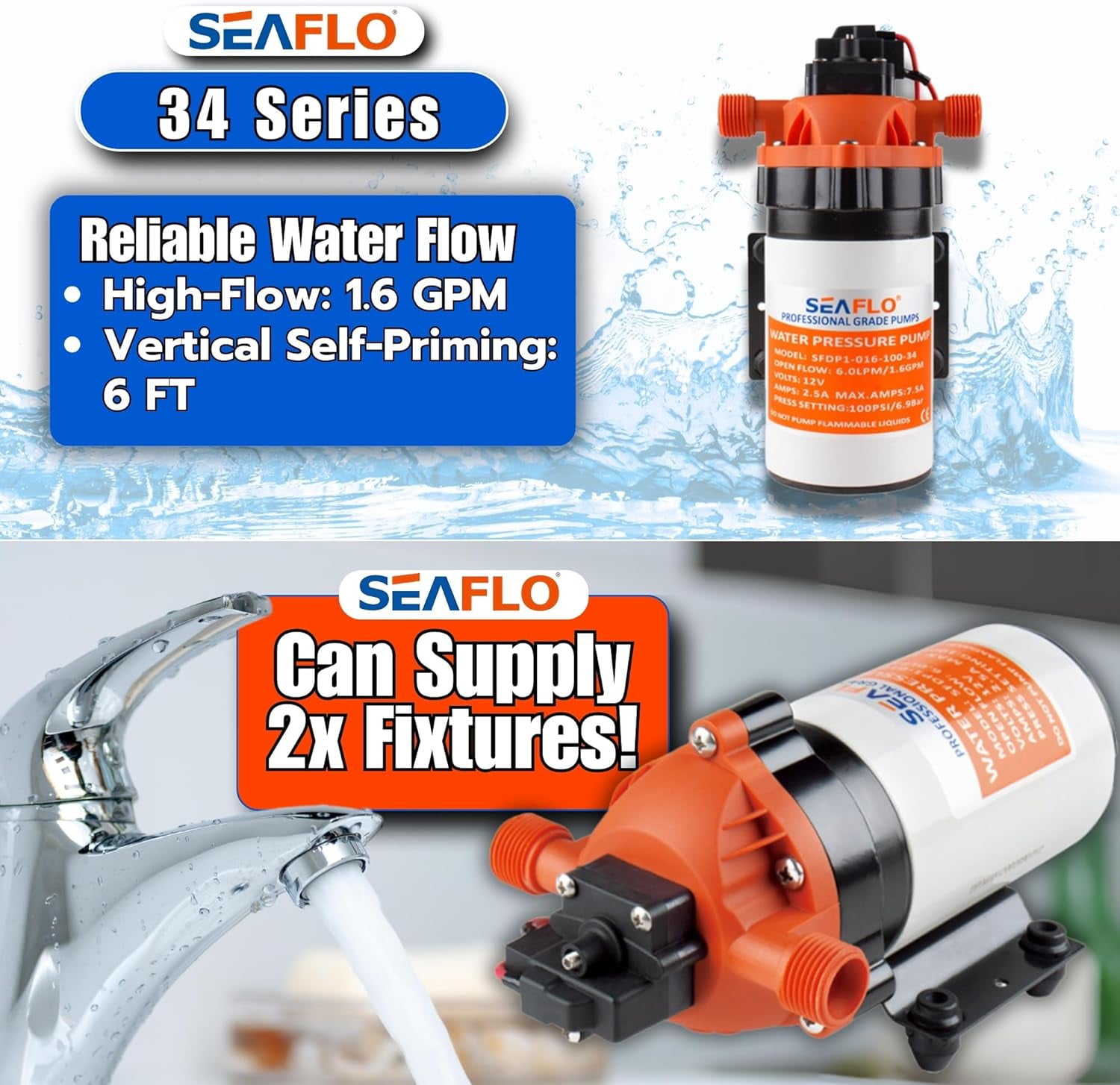 SEAFLO 12V 1.6 GPM 100 PSI 34 Series Water Pressure Diaphragm Pump | Continuous Duty, Built-In Pressure Switch, Self-Priming, and 4-Year Warranty