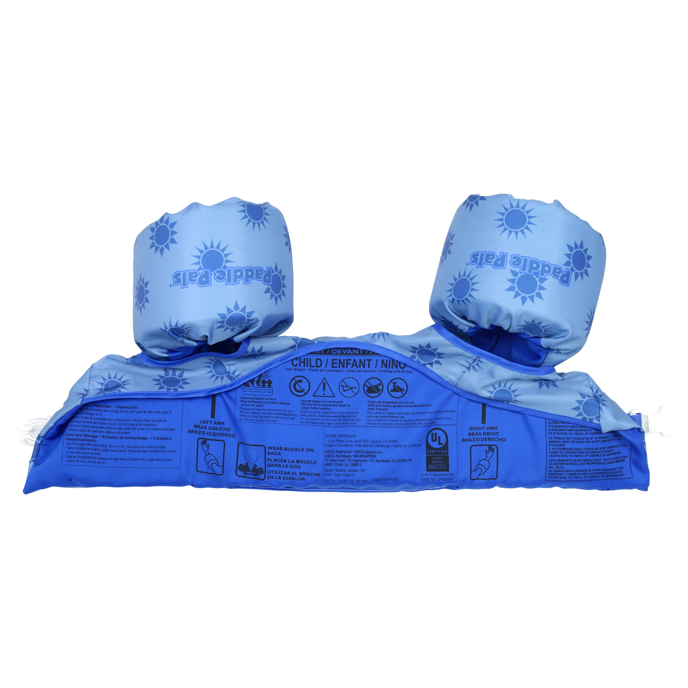 (2 pack) Paddle Pals U.S. Coast Guard Approved Life Jacket for Children (33-55 lbs.) – Safety Swim Vest with Arm Bands, Blue Sun