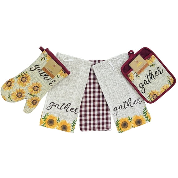 Serafina Home Farmhouse Country Fall Thanksgiving Kitchen Dish Towels and Pot Holder Set Of 5: Gather and Be Grateful