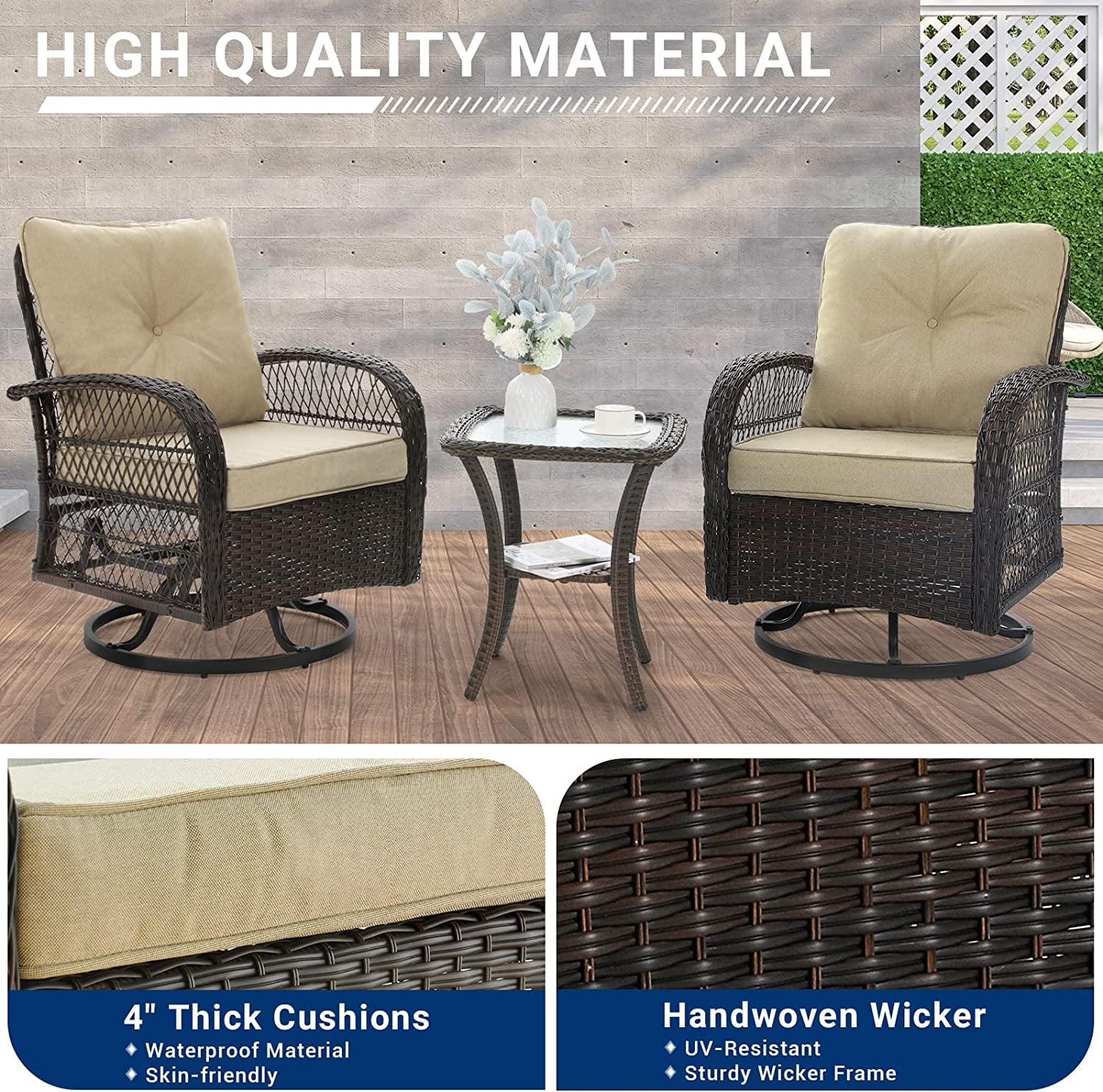 Techmilly 3 Pieces Patio Furniture Set, Outdoor Swivel Gliders Rocker, Glass Top Side Table  (Khaki)