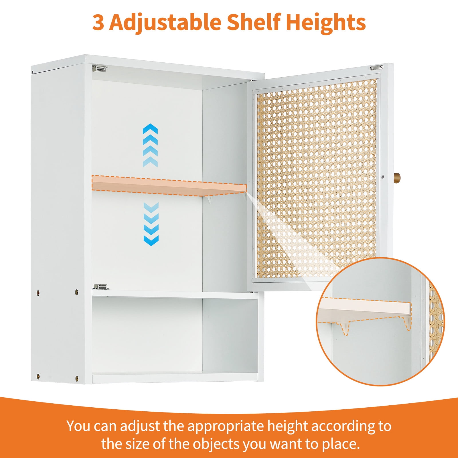 Garvee Bathroom Wall Cabinet, Bamboo Over-The-Toilet Storage Organizer with Rattan Doors and Adjustable Shelf, Space Saver Medicine Cabinet for Laundry, Kitchen, Living Room and Home Office White