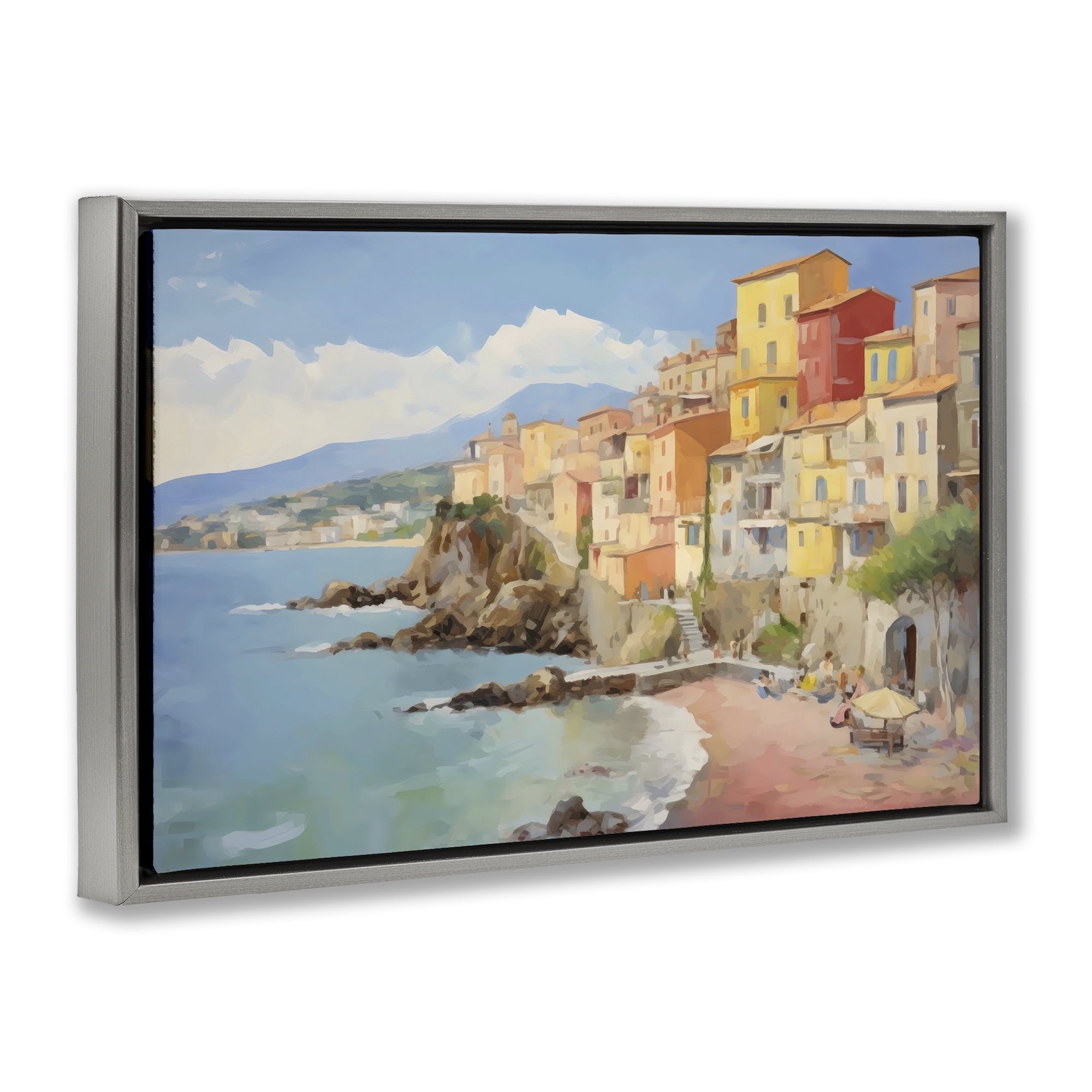 Stupell Industries Colorful Coastal Town by Sea Gray Framed Floater Canvas Wall Art, design by Creative Studio