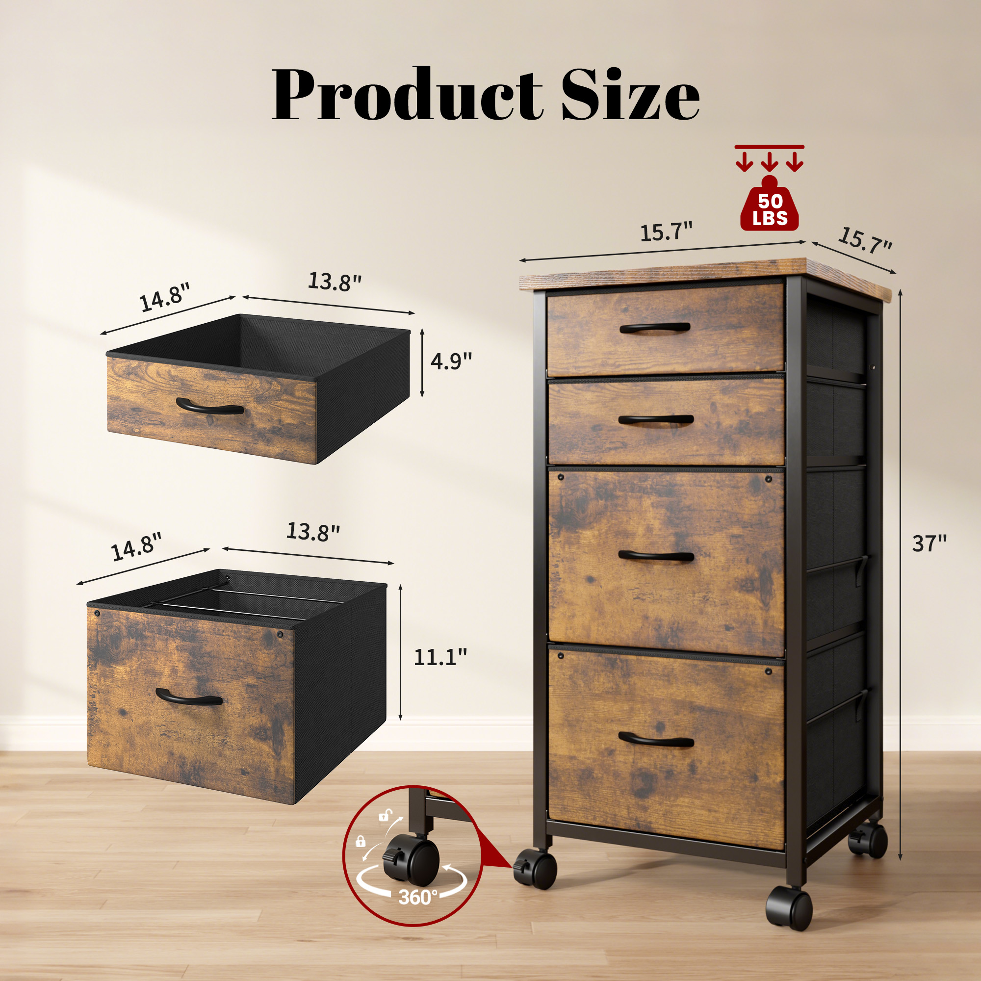 Romorgniz 4 Fabric Drawers Mobile File Cabinet Desk Table Cabinet Fits A4/Letter Size Printer Stand for Home Office，Rustic Brown