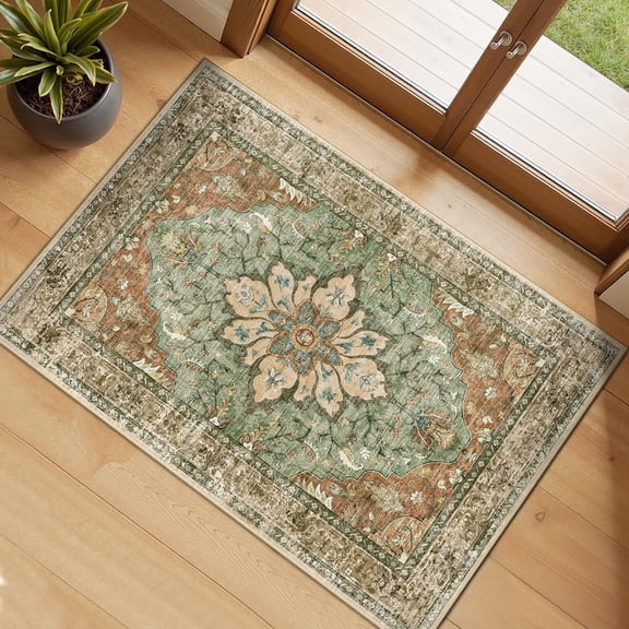 Area Rugs Small 2'x3' Washable Non-Slip, Floral Vintage Distress Medallion Carpet for Kitchen Entryway Bathroom, Terracotta Burnt Orange Green