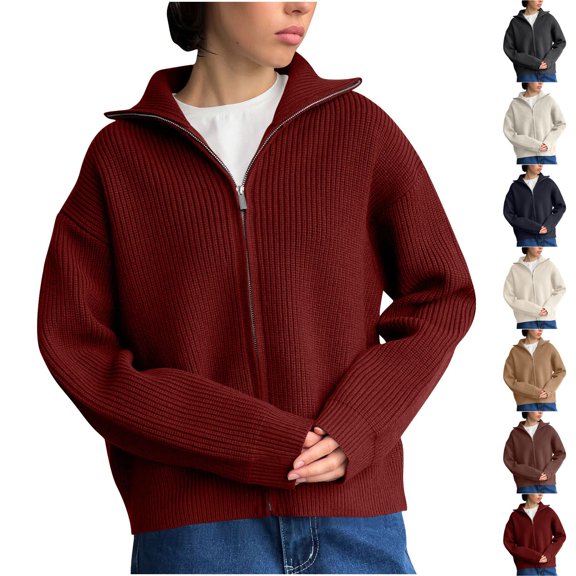 XPMWRP Women High Collar Full Zip Vertical Ribbed Oversized Knit Jacket Long Sleeve Warm Casual Sweater Coat White S
