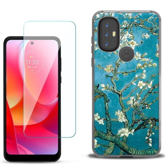 Slim-Fit Gel TPU Phone Case for Motorola Moto G Power 2022, with Tempered Glass Screen Protector, by OneToughShield  - Almond Blossom