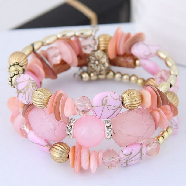 Nvzi Pulseras de cuentas irregulares con dijes de flores y envoltura multicapa de estilo retro de verano, joyería étnica - rosa