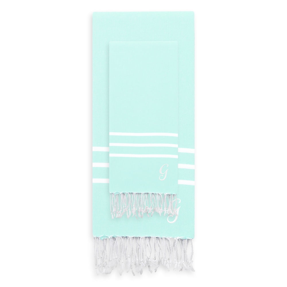 Linum Home Alara 100% Turkish Cotton Monogrammed White and Aqua Pestemal Beach Towel Set
