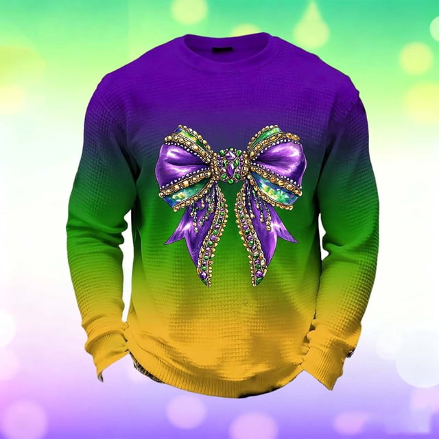 Ceisia Men's Mardi Gras Gradient Waffle-Knit Sweatshirt | Relaxed Spring/Summer Casual Top Gift