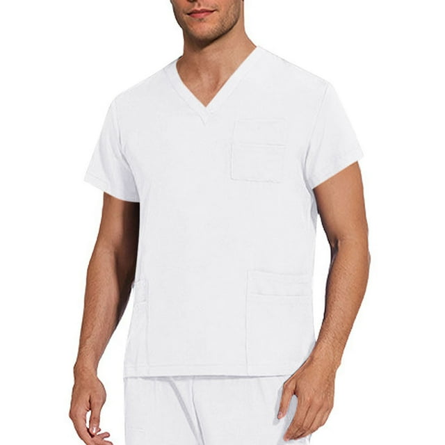 Bocqde Scrub Tops for Men Men's Solid Color Scrubs Tops Plus Size Short Sleeve V Neck Working Nurse Unifrom with Pockets