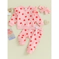 thumbnail image 2 of 3Pcs Toddler Baby Girl Valentine's Day Clothes Heart Print Long Sleeve Sweatshirt + Pants + Headband Sets, 2 of 8