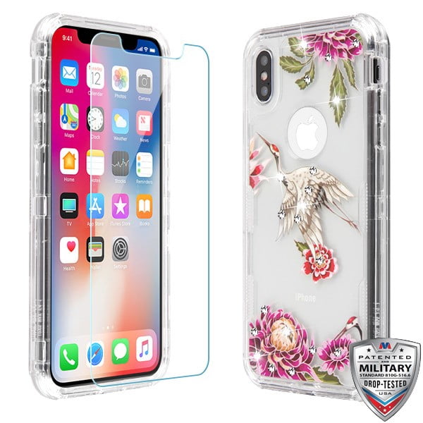 Apple iPhone XS / iPhone X (5.8 in) Phone Case Tuff Hybrid Armor Shockproof Impact Rubber Hard Protective Cover + Tempered Glass Screen Protector Clear Crane Flower Case for Apple iPhone X, iPhone XS