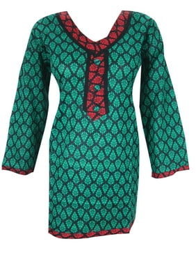 Mogul Womens Cotton Tunic Top Green Printed Long Sleeves Ethnic Summer Boho Chic Kurta Dress XL