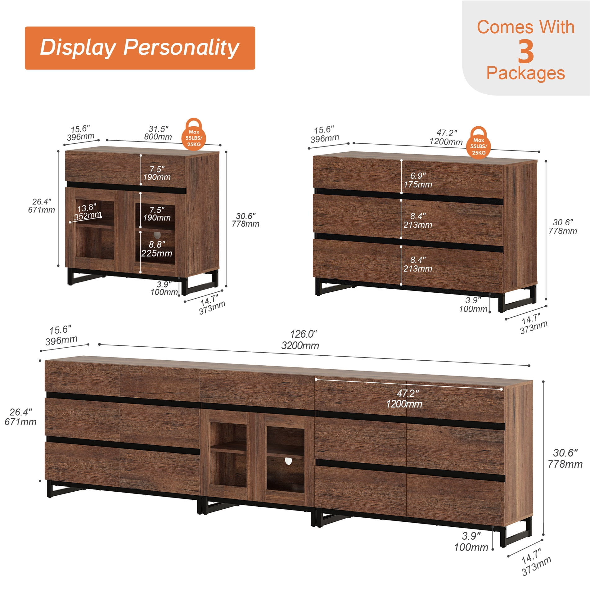 Modern 3-in-1 Sideboard Cabinet, Storage Credenza with 13 Drawers, Adjustable Shelf and Transparent Glass Doors, Sturdy Metal Base Coffee Bar Cabinet for Home Decor,Brown